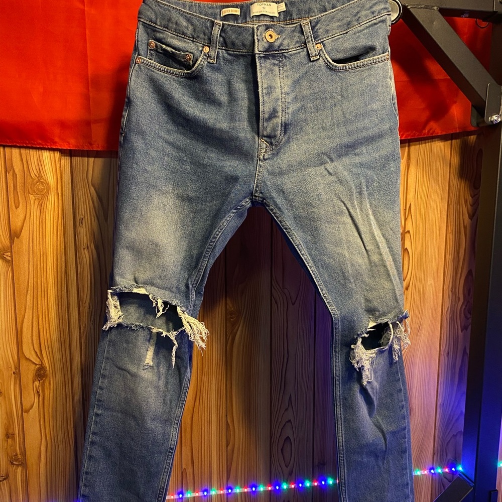 Topman Distressed Stretch Skinny Blue Denim Jeans